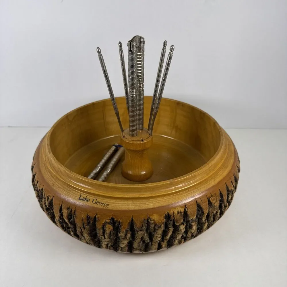 Nut Cracker Set Wooden Log Bark Bowl with 2x Crackers & 4 Picks Set Lake George